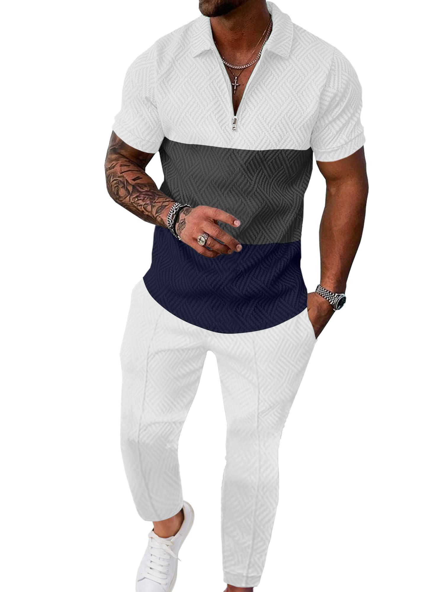 UOUA Mens Sweat Suits Set Tracksuit 2 Piece Outfits Short Sleeve Casual Sweatshirt & Loose Jogging Pants