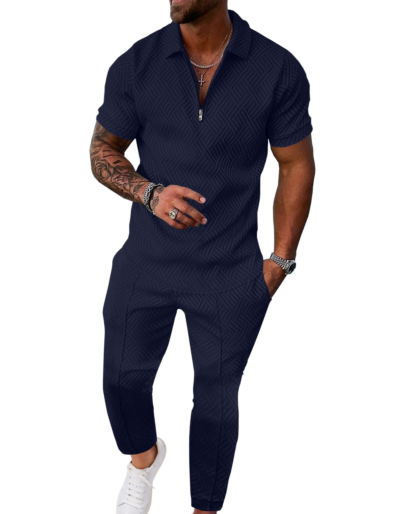 UOUA Mens Sweat Suits Set Tracksuit 2 Piece Outfits Short Sleeve Casual Sweatshirt & Loose Jogging Pants