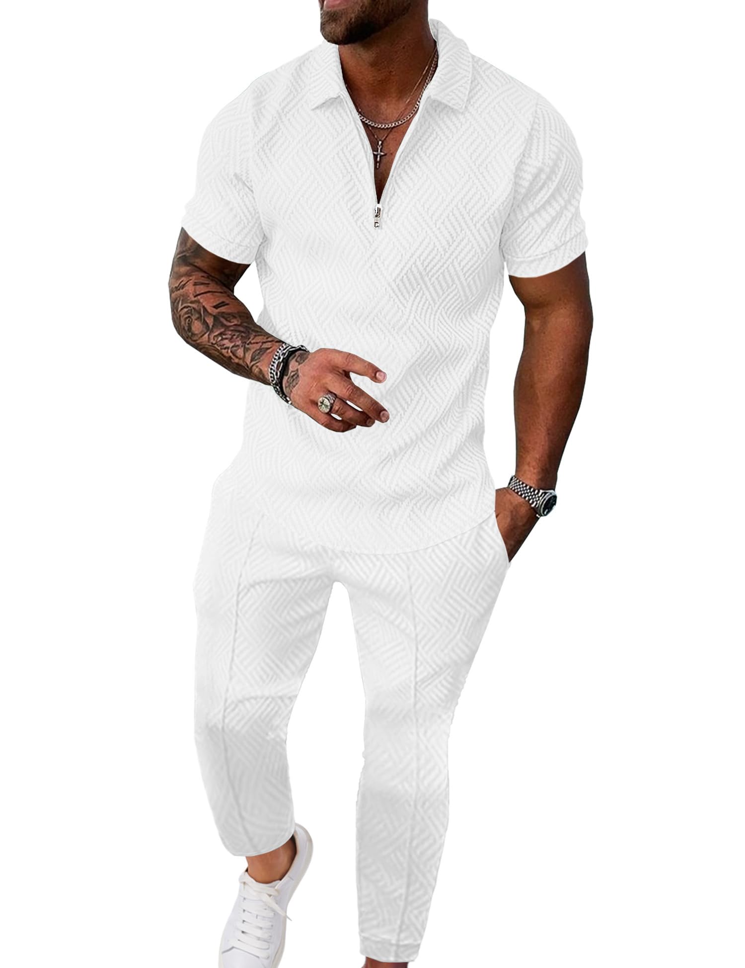 UOUA Mens Sweat Suits Set Tracksuit 2 Piece Outfits Short Sleeve Casual Sweatshirt & Loose Jogging Pants