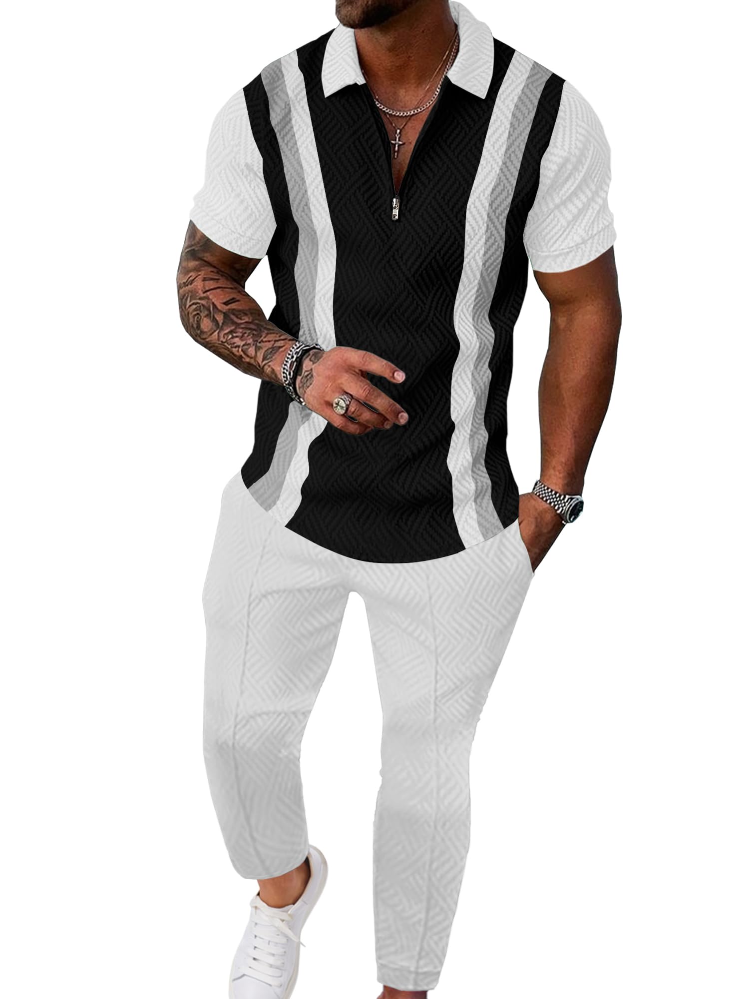 UOUA Mens Sweat Suits Set Tracksuit 2 Piece Outfits Short Sleeve Casual Sweatshirt & Loose Jogging Pants