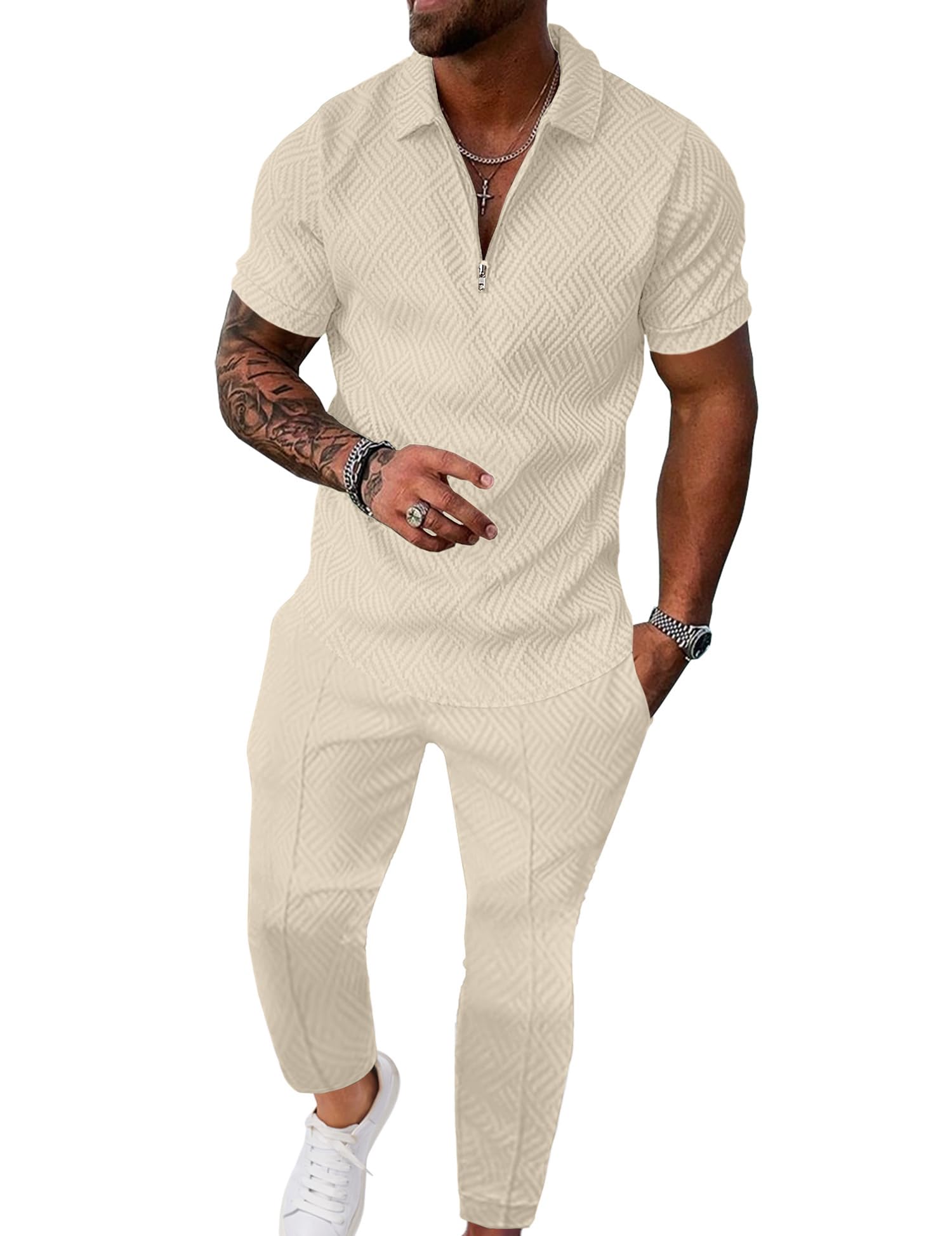 UOUA Mens Sweat Suits Set Tracksuit 2 Piece Outfits Short Sleeve Casual Sweatshirt & Loose Jogging Pants