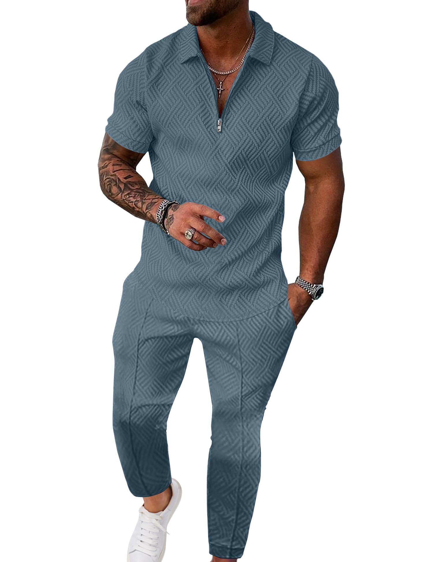 UOUA Mens Sweat Suits Set Tracksuit 2 Piece Outfits Short Sleeve Casual Sweatshirt & Loose Jogging Pants