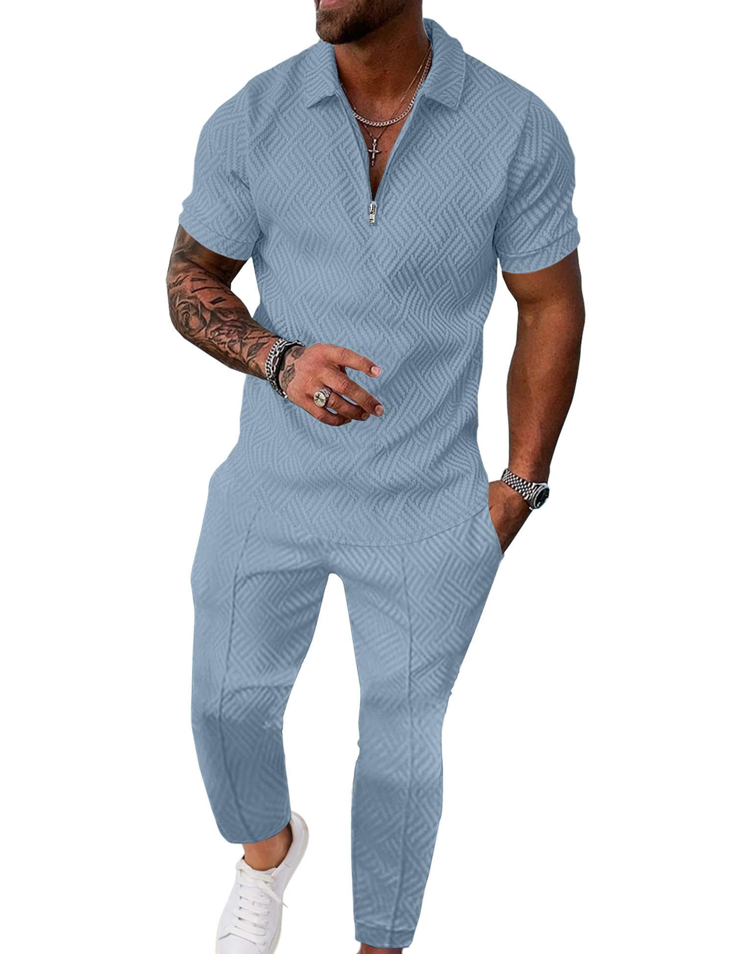 UOUA Mens Sweat Suits Set Tracksuit 2 Piece Outfits Short Sleeve Casual Sweatshirt & Loose Jogging Pants