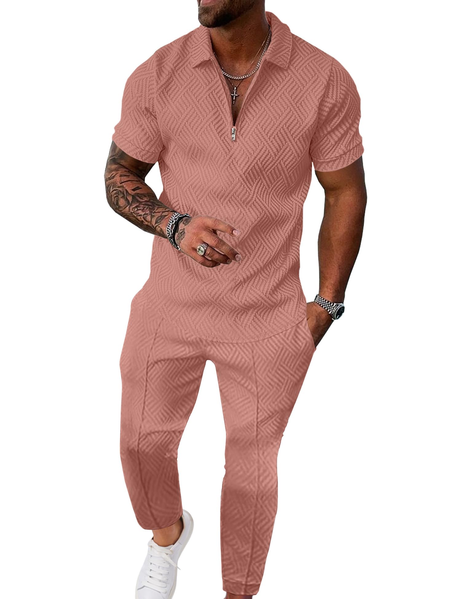 UOUA Mens Sweat Suits Set Tracksuit 2 Piece Outfits Short Sleeve Casual Sweatshirt & Loose Jogging Pants