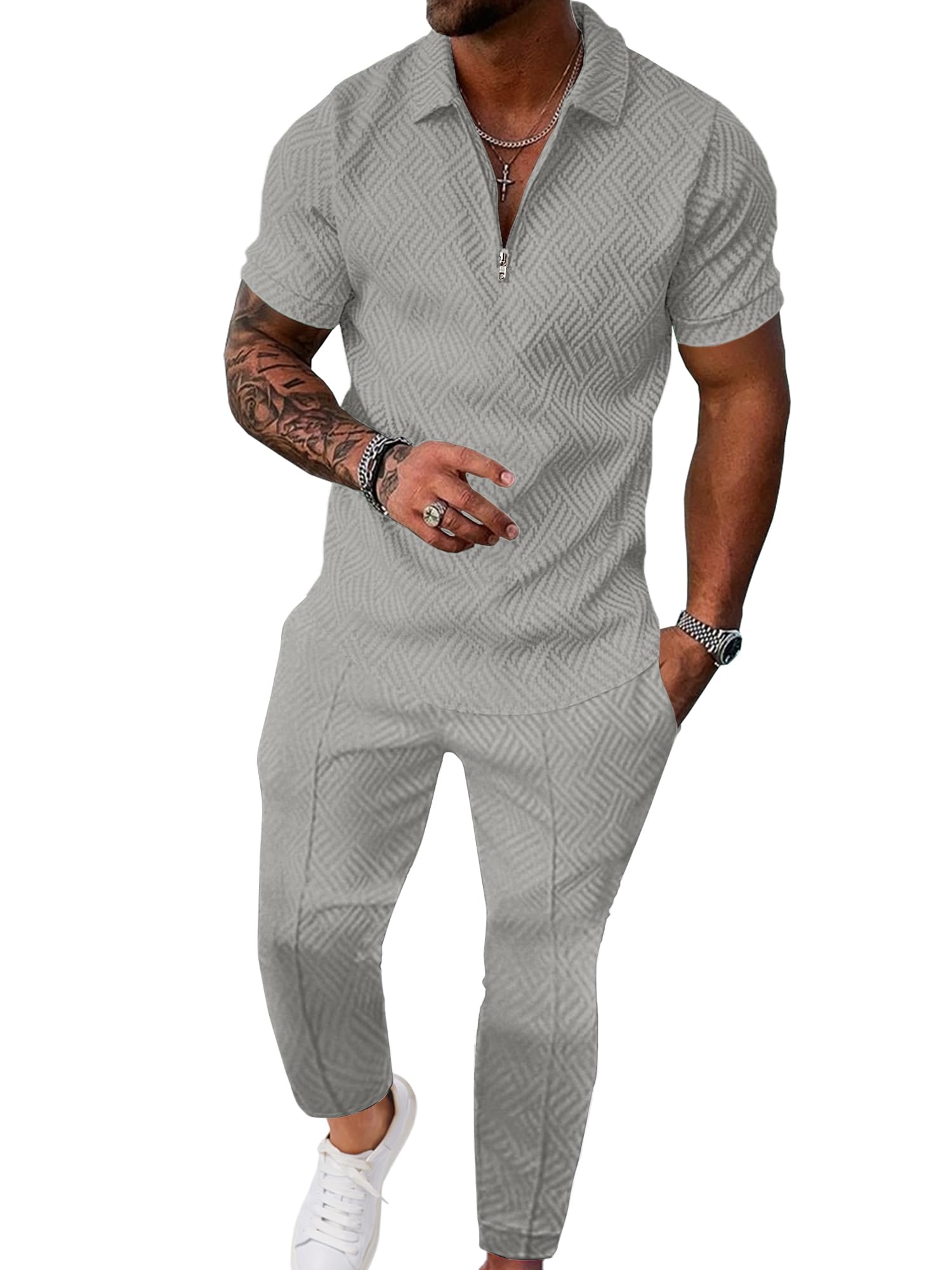 UOUA Mens Sweat Suits Set Tracksuit 2 Piece Outfits Short Sleeve Casual Sweatshirt & Loose Jogging Pants