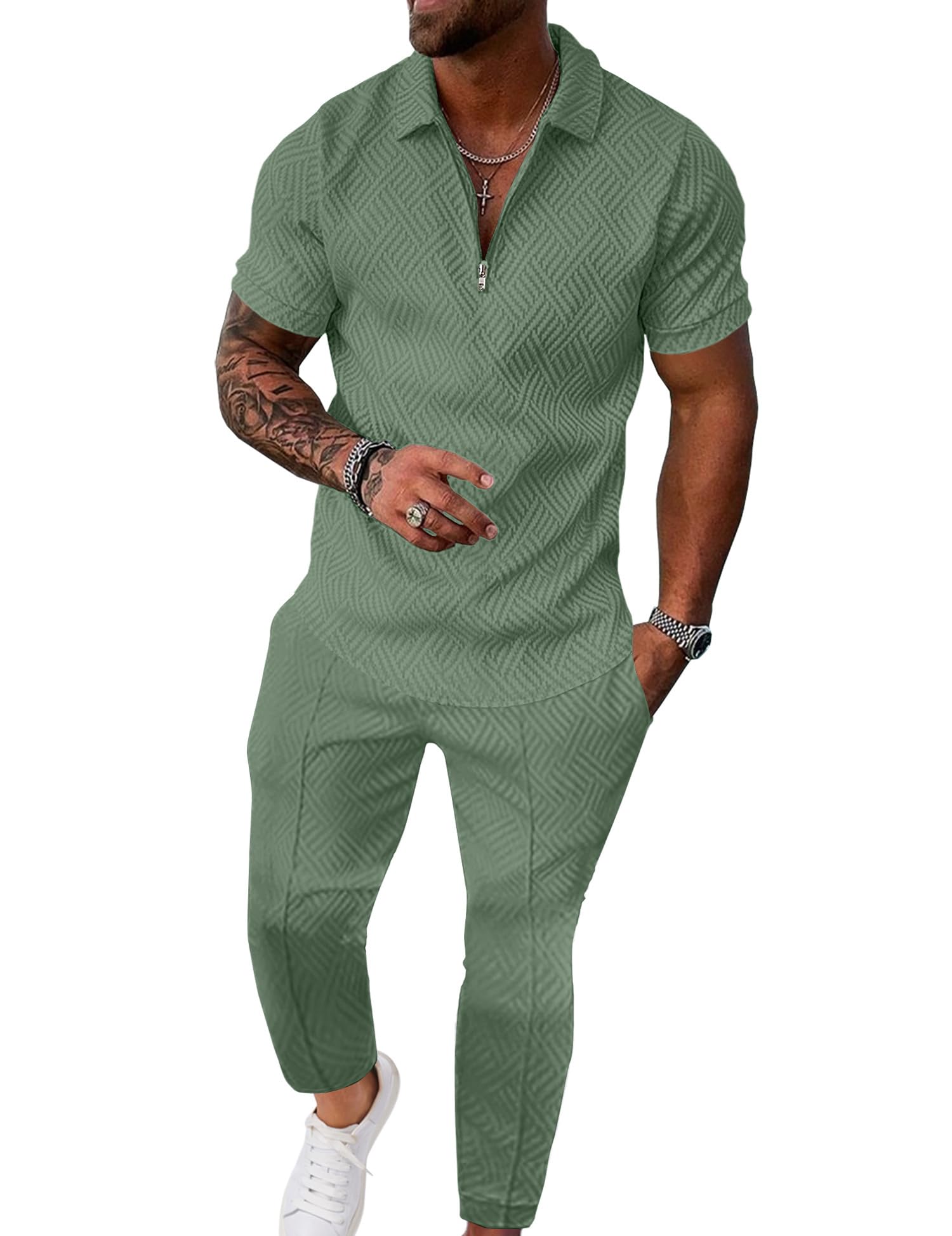 UOUA Mens Sweat Suits Set Tracksuit 2 Piece Outfits Short Sleeve Casual Sweatshirt & Loose Jogging Pants