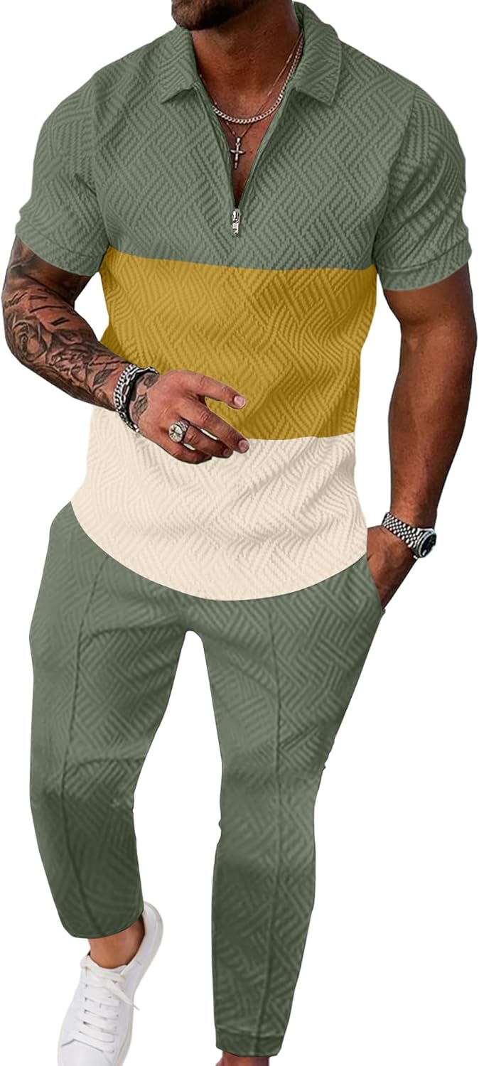 UOUA Mens Sweat Suits Set Tracksuit 2 Piece Outfits Short Sleeve Casual Sweatshirt & Loose Jogging Pants