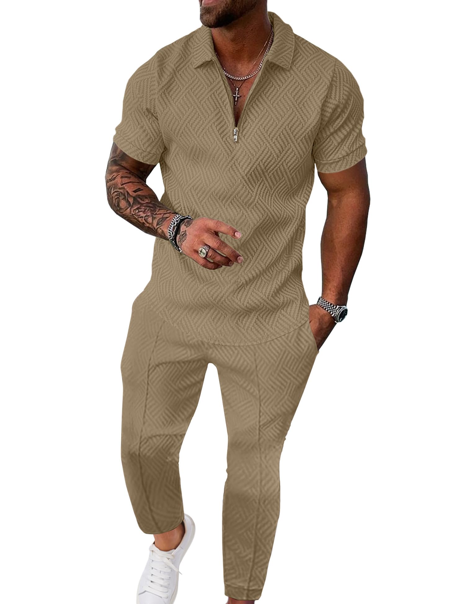 UOUA Mens Sweat Suits Set Tracksuit 2 Piece Outfits Short Sleeve Casual Sweatshirt & Loose Jogging Pants