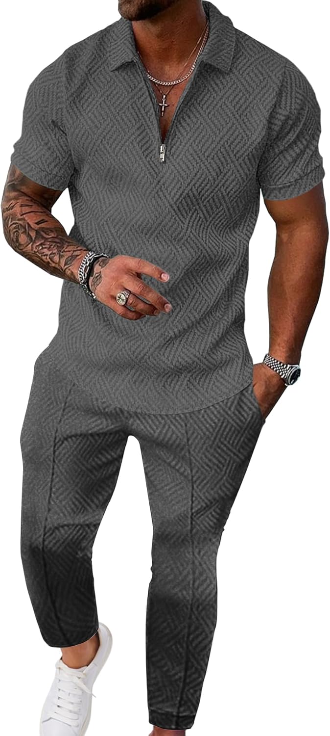 UOUA Mens Sweat Suits Set Tracksuit 2 Piece Outfits Short Sleeve Casual Sweatshirt & Loose Jogging Pants