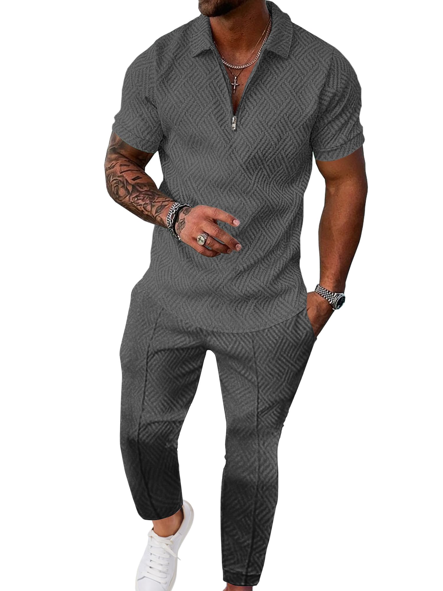 UOUA Mens Sweat Suits Set Tracksuit 2 Piece Outfits Short Sleeve Casual Sweatshirt & Loose Jogging Pants