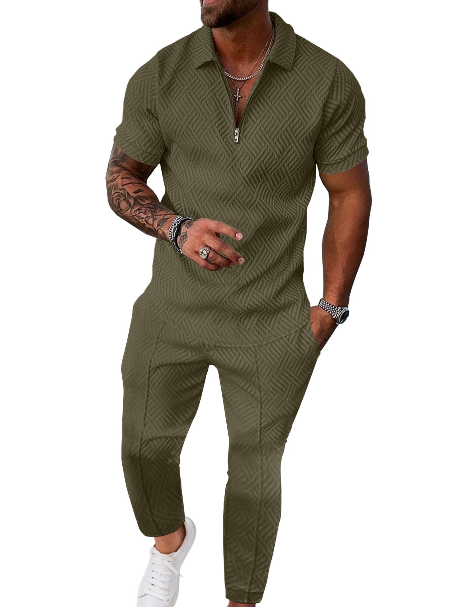 UOUA Mens Sweat Suits Set Tracksuit 2 Piece Outfits Short Sleeve Casual Sweatshirt & Loose Jogging Pants
