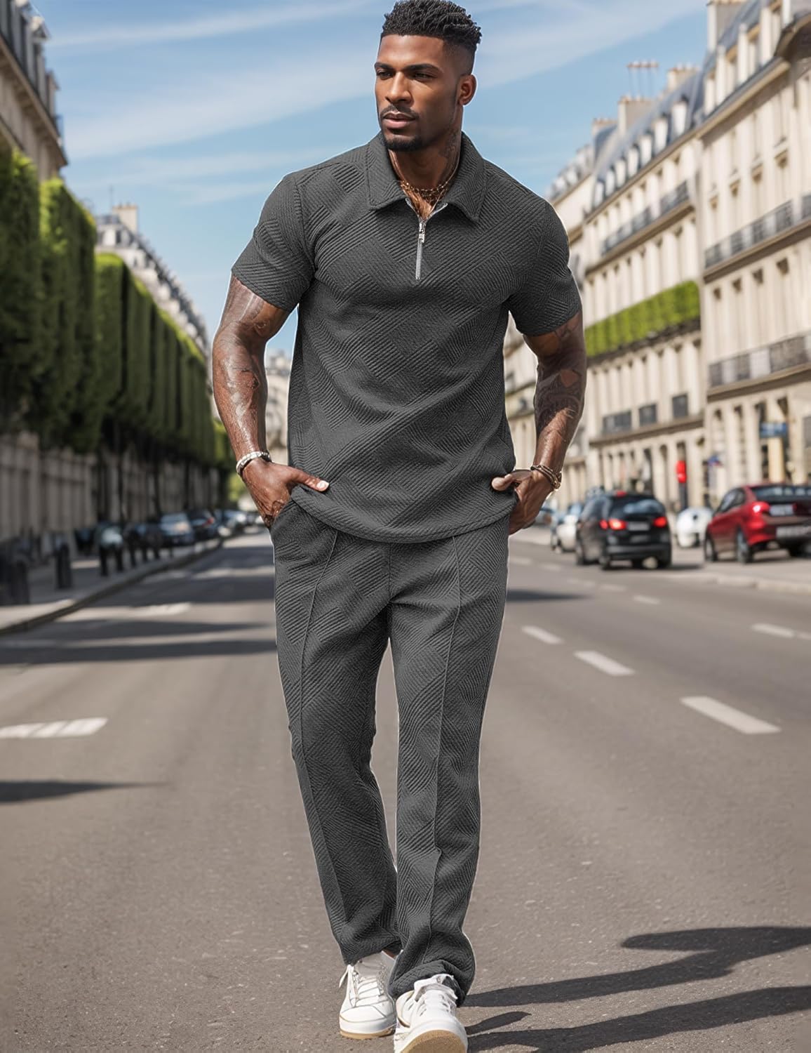 UOUA Mens Sweat Suits Set Tracksuit 2 Piece Outfits Short Sleeve Casual Sweatshirt & Loose Jogging Pants