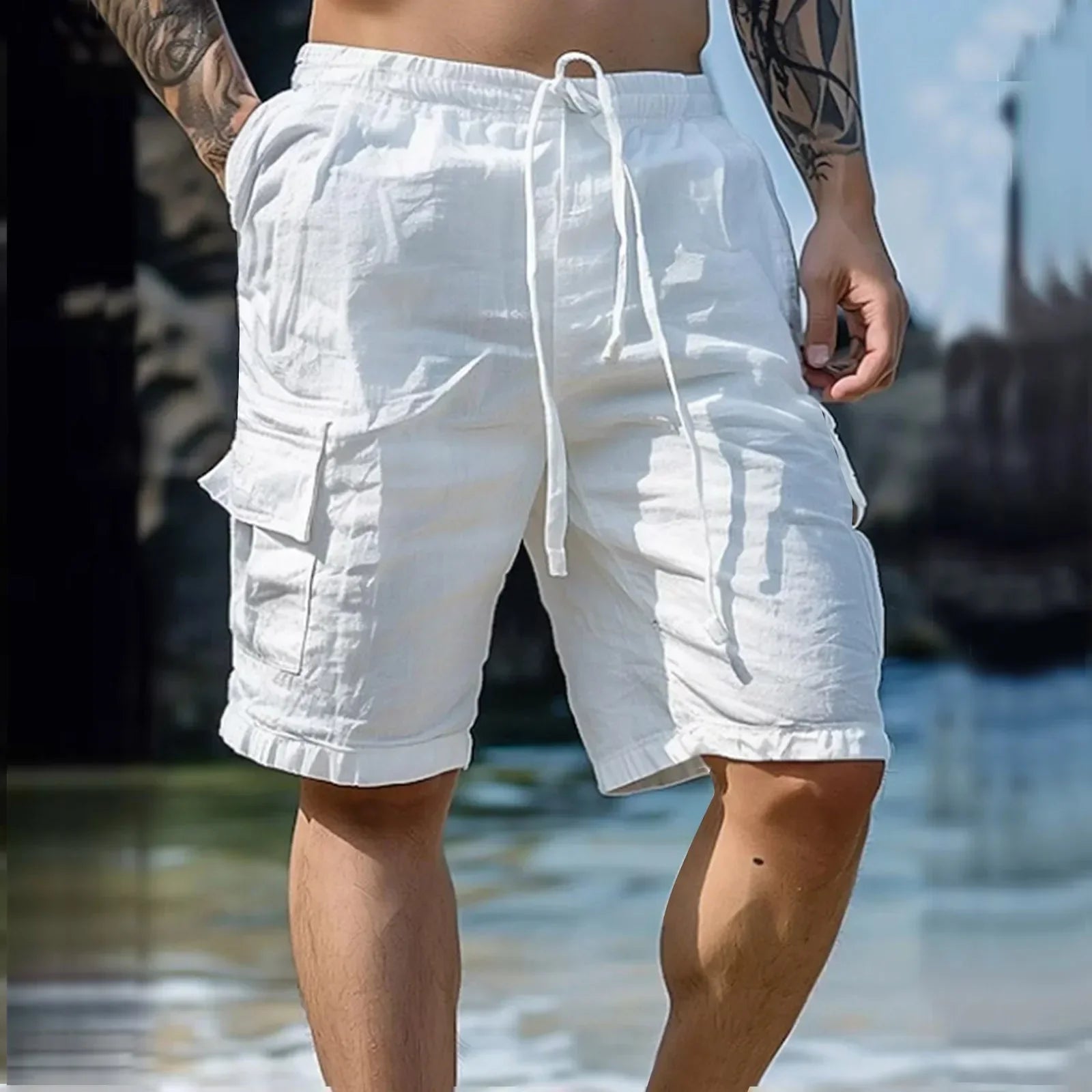 Men's Loose White Cargo Beach Shorts 2026