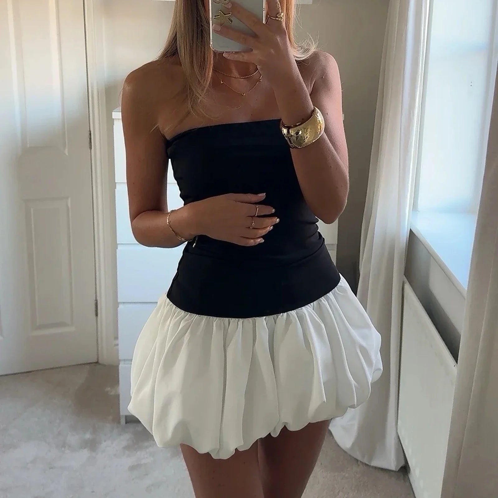 Sexy Strapless Mini Dress NEW Summer Solid Color Puff Bubble Short Gown Dress Off Shoulder Party Dress for Cocktail Streetwear